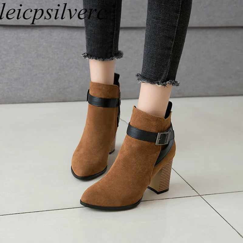 

Women's Boots Autumn Winter High Heel Ankle Pointed Toe Zip Mixed-colors Basic Flock 2019 New Sexy Fashion Casual Big Size 34-48
