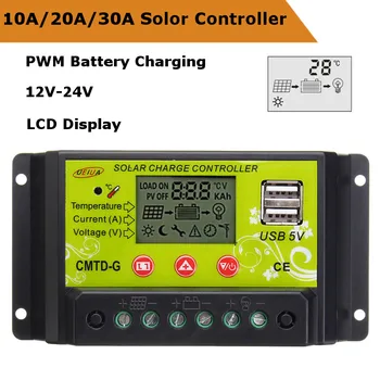 

PWM 10/20/30A Solar Charge Controller Dual USB LCD Display 12V 24V Auto Solar Cell Panel Charger Regulator with Load
