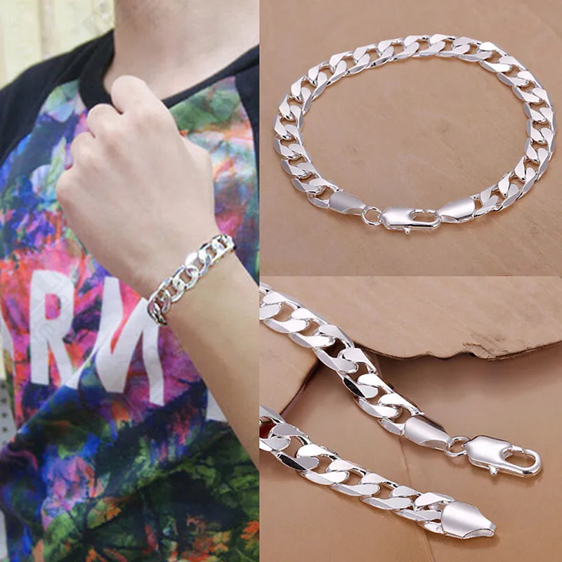 

2016 Women's Fashion DIY Jewelry 8MM Alloy Men's Silver Chain Bracelet Sliver Plated Lobster Clasp Link Hand Catenary