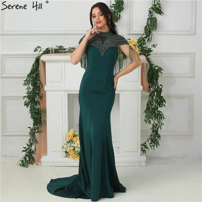 

Dubai Design Green Sleeveless Evening Dresses High Collar Beading Tassel With Wrap Evening Gowns 2019 Serene Hill LA6656