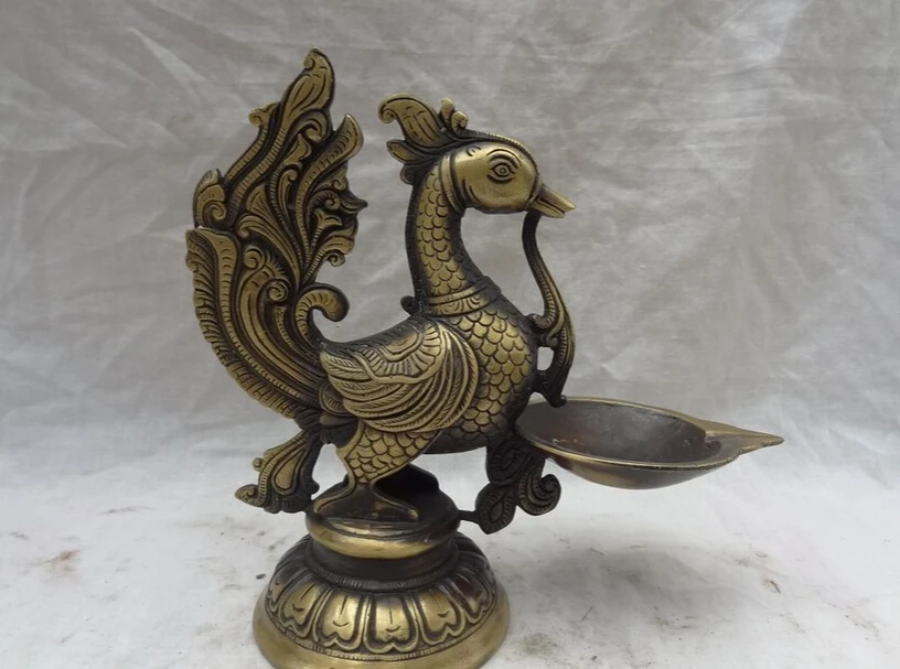 

S2733 8" Chinese Bronze Buddhist Bird Fly Phoenix Peacock Statue Buddha Oil Lamp D0317