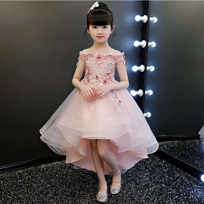 Kids Girl Lace Flower Dress High-low Hem Princess Party Gown Formal Dresses 