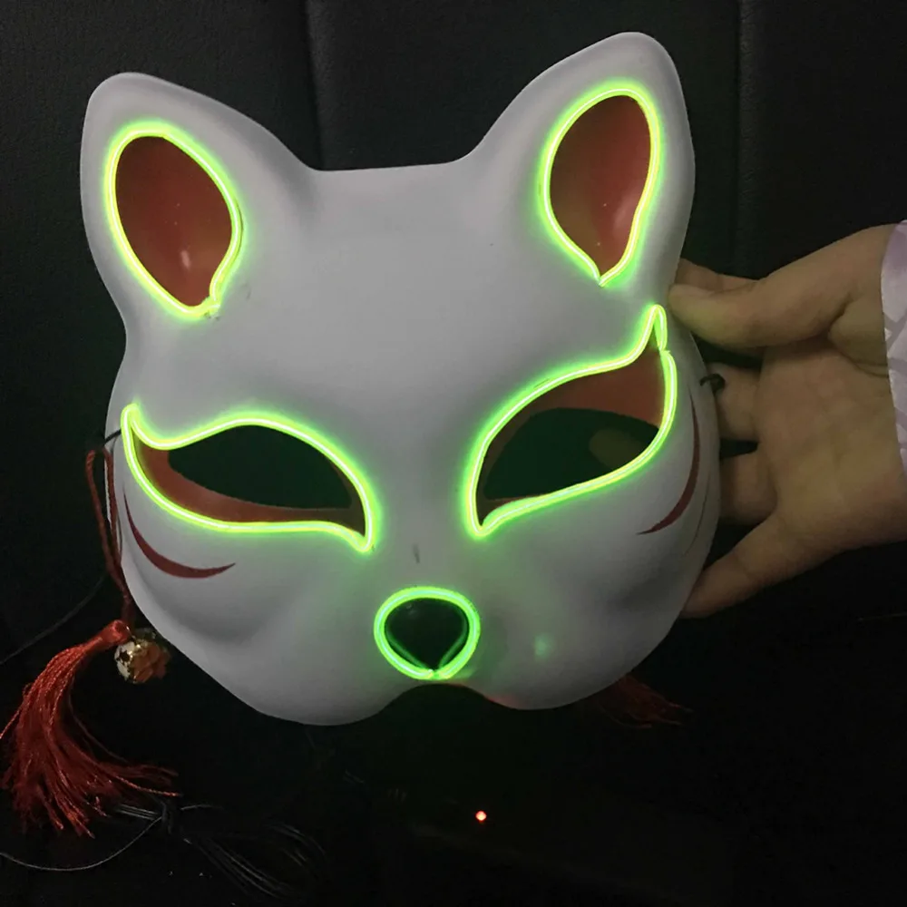 Маска на Хэллоуин, светодиодный светильник, Вечерние Маски, неоновая маска, косплей, ПВХ, лицевая маска в виде кошки, лисы, маска с кисточками, колокольчики, косплей, Танцевальная Маска