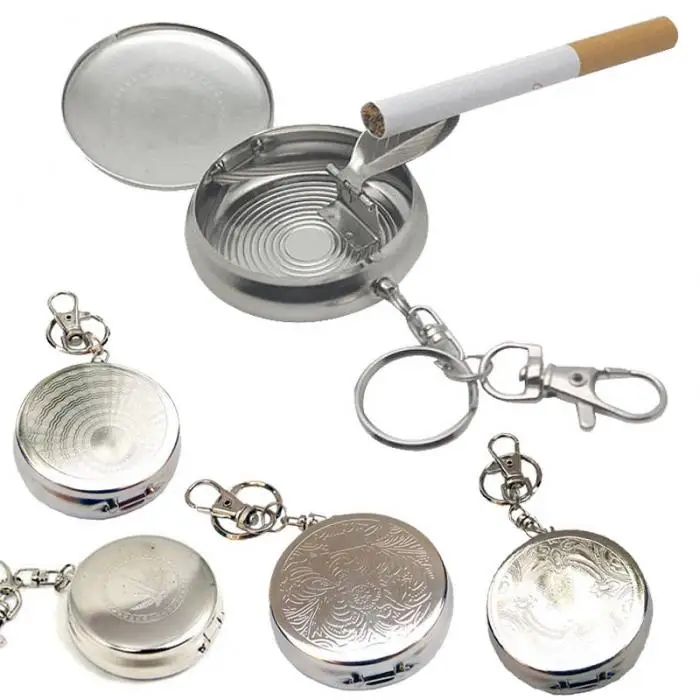 Round Pocket Portable Cigarette Ashtray with Lid Keychain by Stainless Steel DTT88