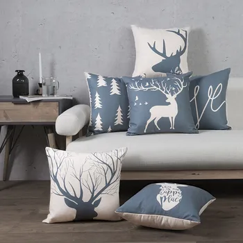 

Free Shipping Blue Deer Pillow Cover Geometric Linen Cotton Cushion Cover Decorative Throw Pillows Pillowcase Pillowsham