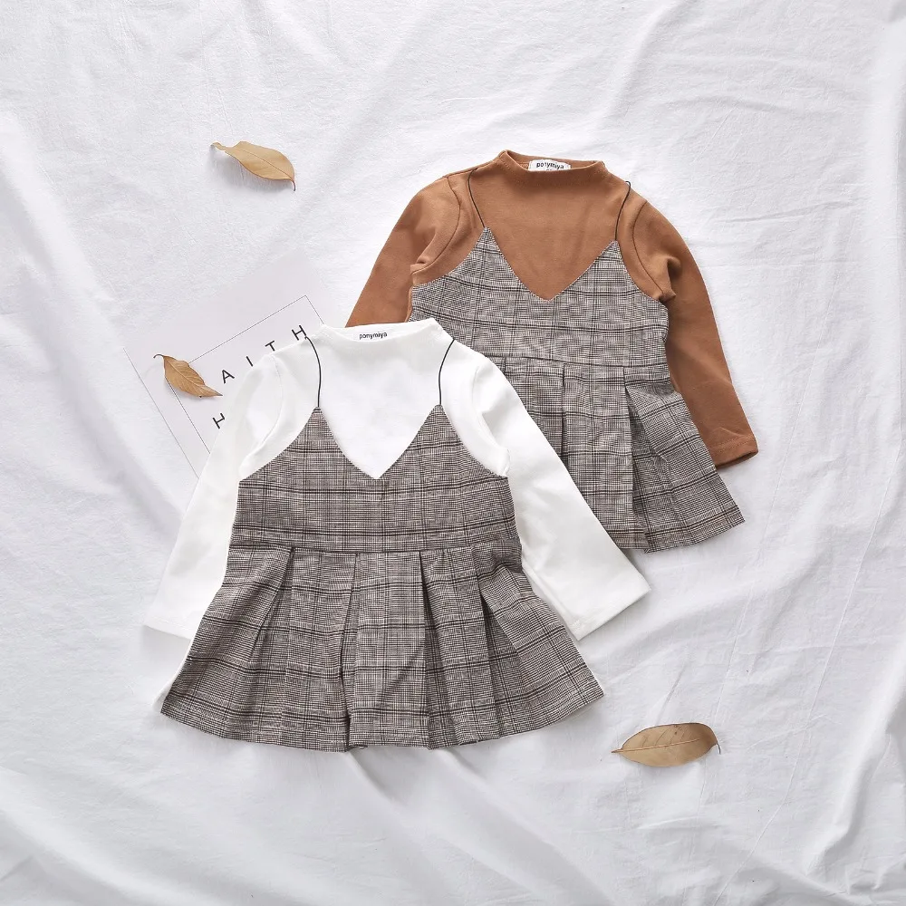 2018 new style girls 2pcs sets plaid dress +tops kids fashion girls suits autumn baby clothes 