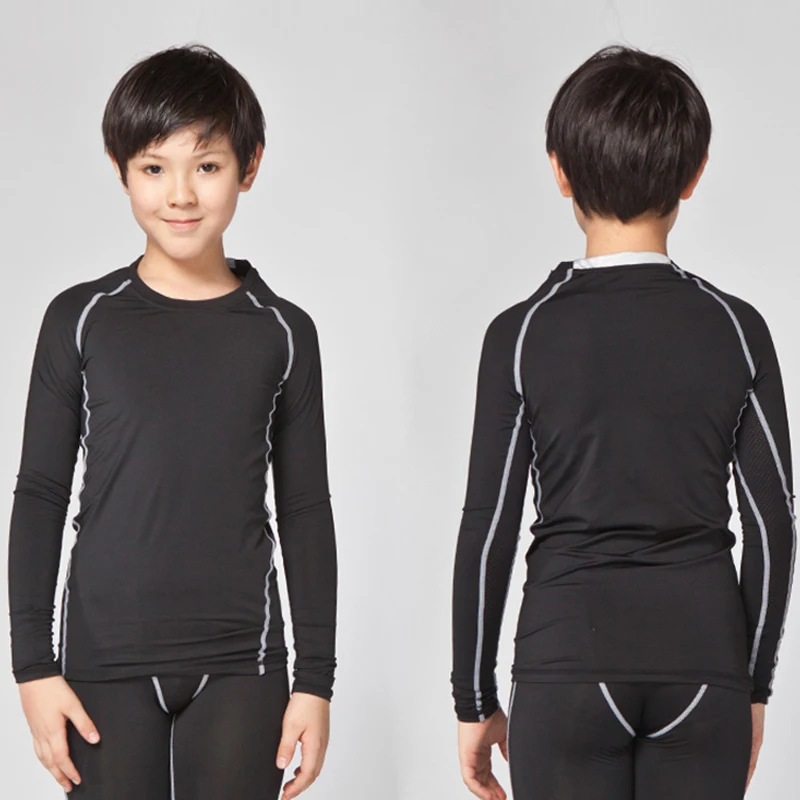 Дети ребенок быстросохнущая Спортивная одежда для бега Бодибилдинг теннис Костюмы Фитнес сжатия лосины, одежда с длинными рукавами футболка для спортивного зала