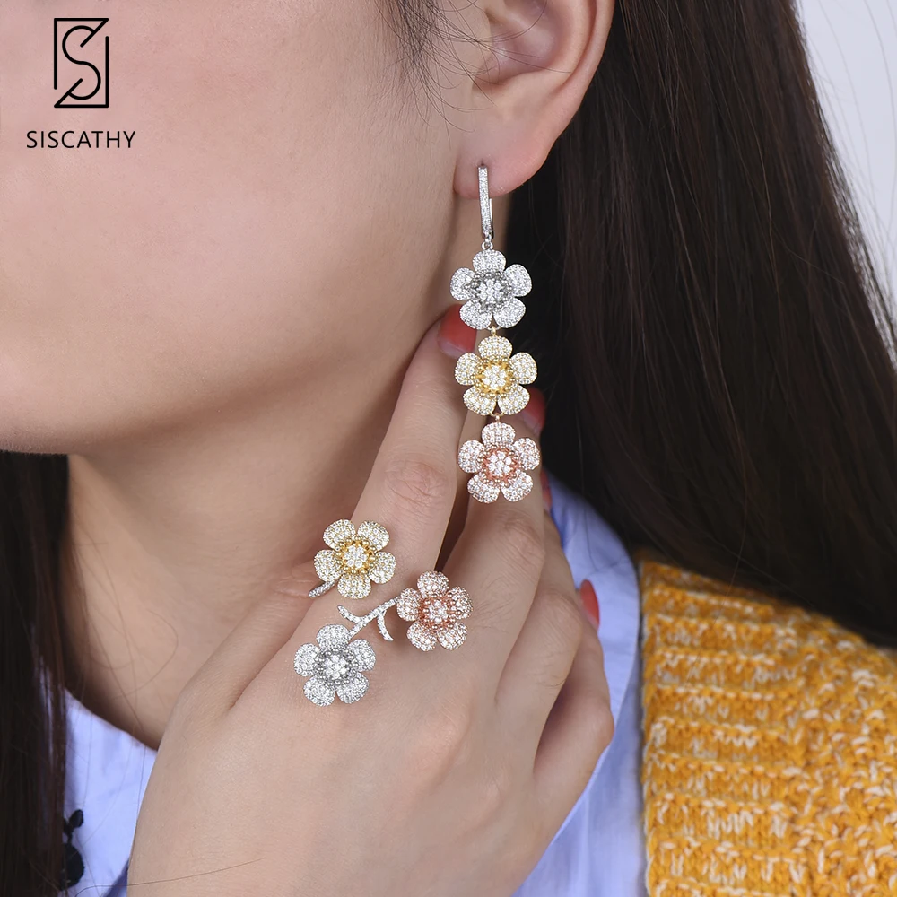 

SISCATHY Nigerian Women Wedding Jewelry Sets Earrings Ring Set Cubic Zirconia Stud Earrings Resizable Ring Jewelry Sets