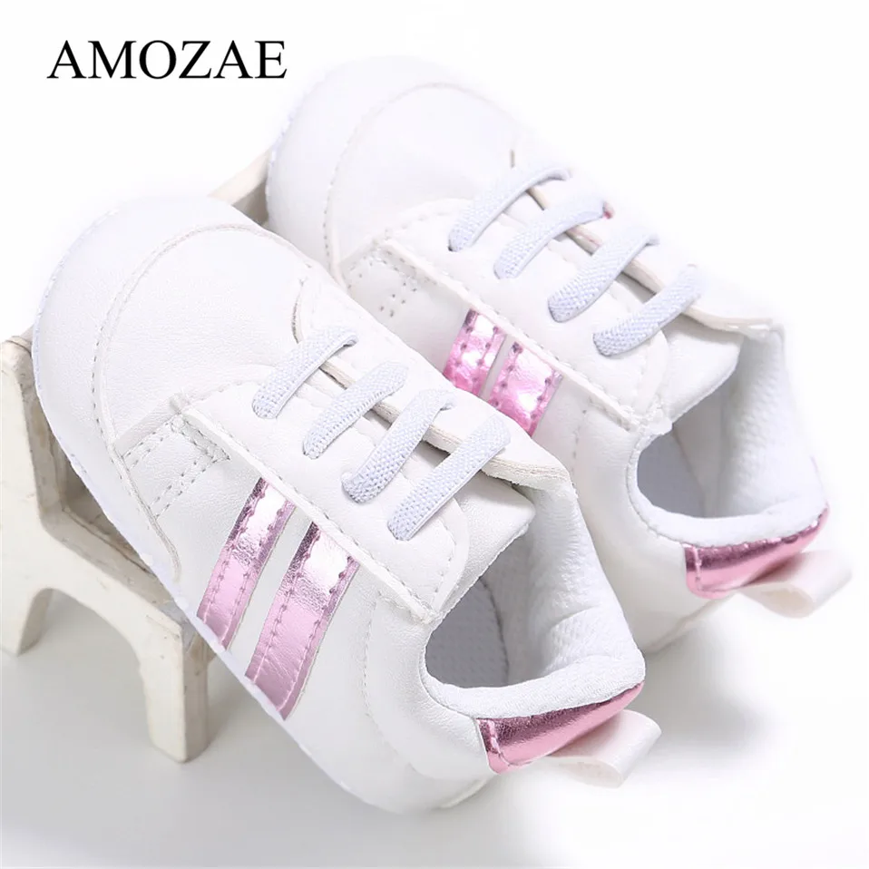 2020 Baby Shoes Newborn Boys Girls Two Striped First Walkers Kids Toddlers Lace Up PU Leather Soft Soles Sneakers 0-18 Months