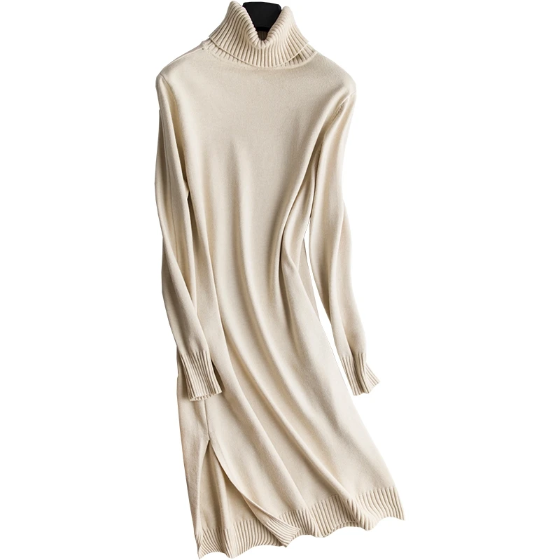 Женское вязаное платье, тонкая расческа, шерсть, водолазка, длинный свитер, однотонный, 4 цвета, длинный рукав, шерсть#7568