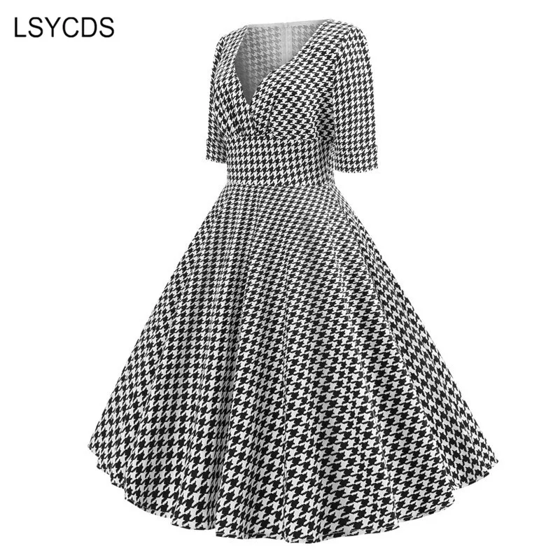 Женское винтажное платье LSYCDS элегантное до колена с v образным вырезом и рукавом