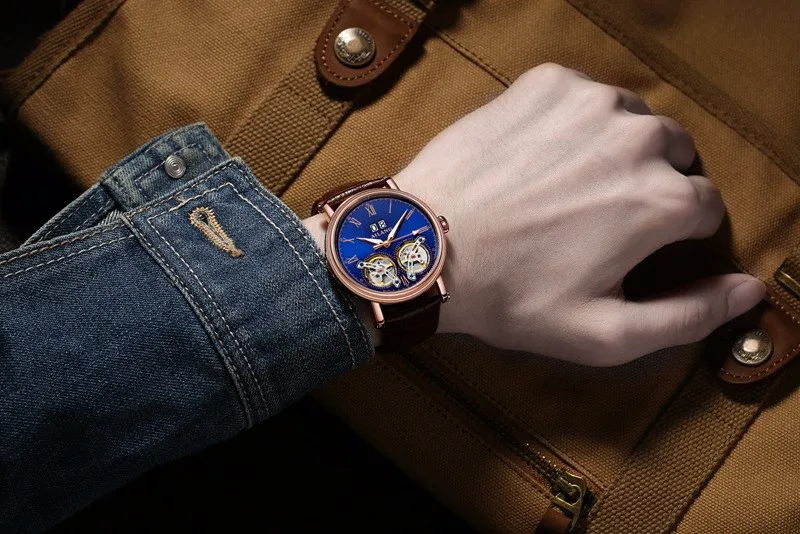 2016 Элитный бренд AILANG автоматические деловые часы мужские водостойкие двойной Tourbillon синий кожаный календари