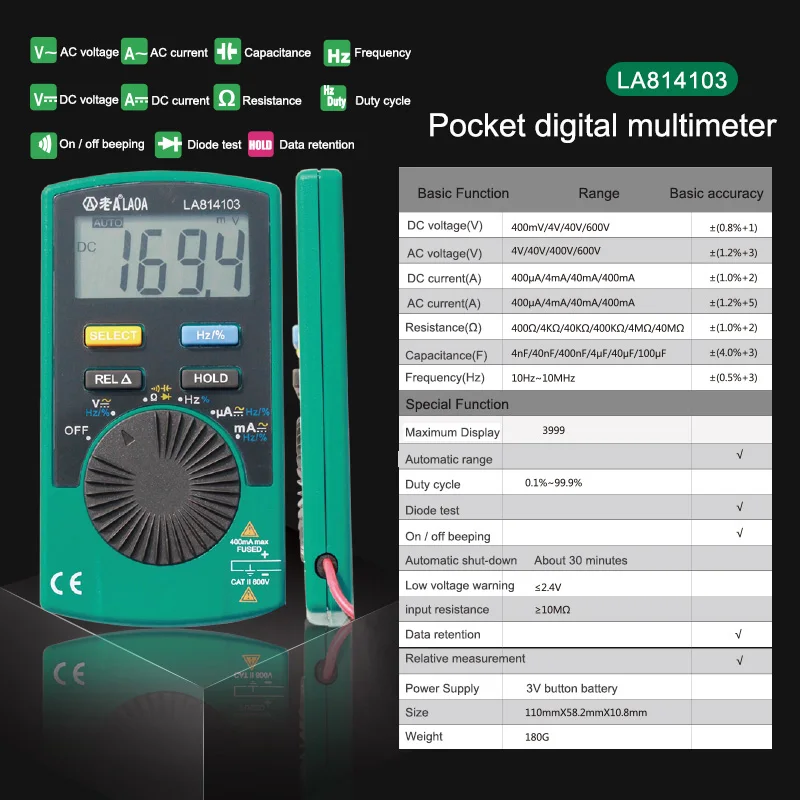 LAOA цифровой дисплей мультиметр Ручной Автоматический диапазон тест er маленький карманный Электрический тест er метр с тестовыми проводами - Цвет: LA814103