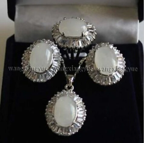 

FREE SHIPPING>>@> Free shippingNatural White Jade Earrings /Ring / Necklace Pendant Set 18" Natural jewelry