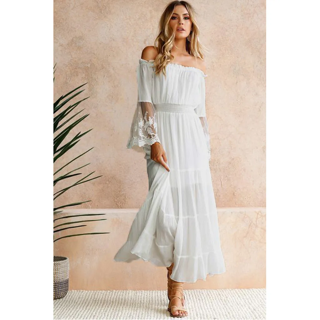 

OFF SHOULDER LONG DRESSS WHITE Women's Lace Dress Holiday Strapless Short Sleeve LADIES Bohemian SOLID SUNDRESS