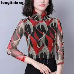 Модный принт Яркий шелковый кружевная блузка Для женщин с длинным рукавом тонкая водолазка Для женщин s Топы и блузки 2019 Офис Blusas Для женщин