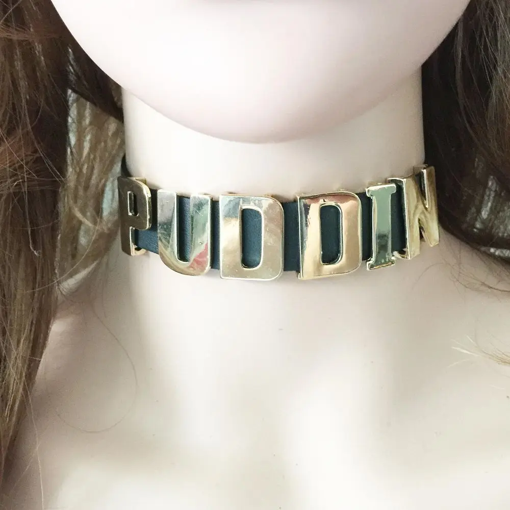 Puddin Necklace and Rivets bracelet Leather Choker Necklace Cosplay Choker Letter Collor Cosplay Accessory for Women and Girls Halloween Party