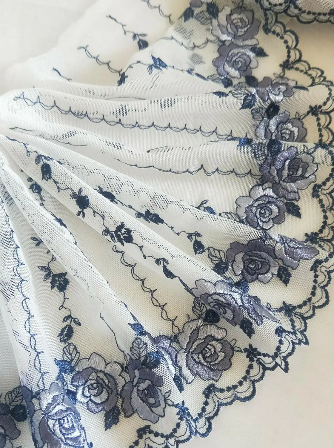 

2 Yards Embroidered Lace Trim Purple Blue Roses Floral Embroidered Tulle Lace Trim 7.48 Inches Wide