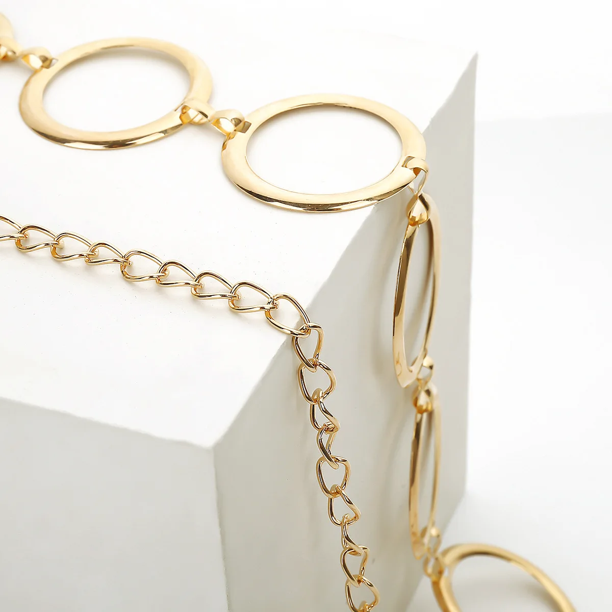 Ladies Geometric Long Belly Waist Chain Belt For Women  Fashion Female Personality Metal Gold Circle Chain Belt for Dress 132 gold belt for dress