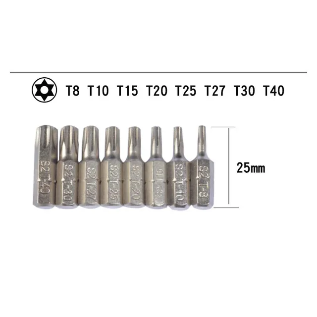 8pcs 25mm Torx Screwdriver Bits With Hole T8 T10 T15 T20 T25 T27 T30