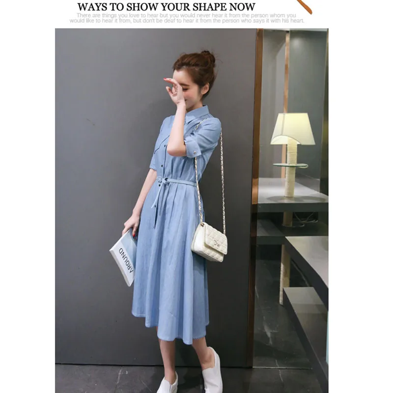  Women's clothing solid color half-sleeved belt slim denim shirt dress ladies fashion casual long section jeans dress (3)