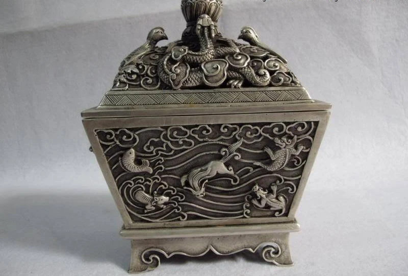 

7.5 Chinese bronze silver-gilt Dragon phenix foo dog beast censer incense burner