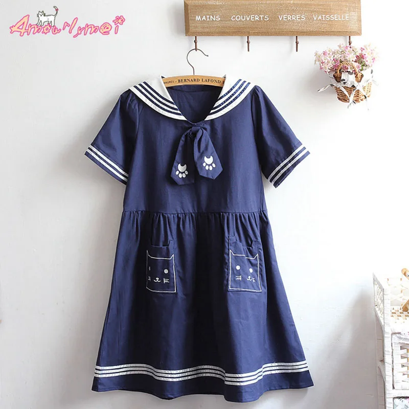 

Summer New Women Dress 2018 Japanese Style Mori Girl Lolita Sailor Collar Cat Embroidery Short Sleeve White Blue Navy dress