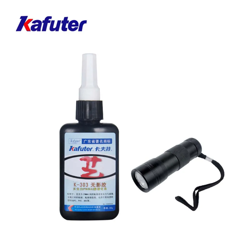 Kafute K-303 50 мл Shadowless клей пластик стекло металл резина+ фонарик УФ отверждения клей акриловый прозрачный пластик - Цвет: K-303 and Flashlight