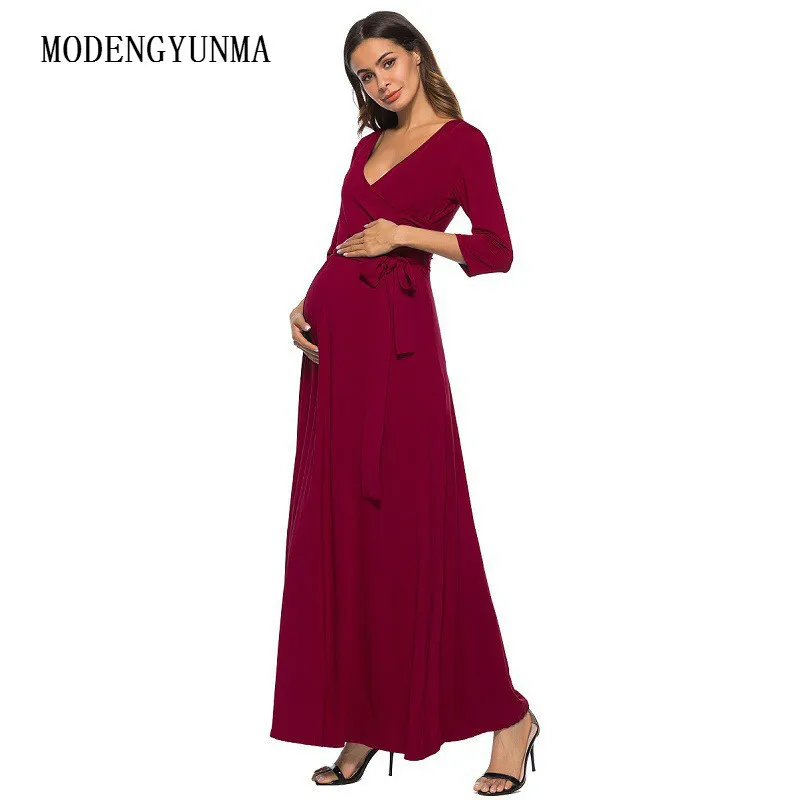 

MODENGYUNMA Maternity Dress V-neck Three Quarter Sleeve Long Pregnant Women Dresses For Photo Shoot Dress Pregnancy Clothes