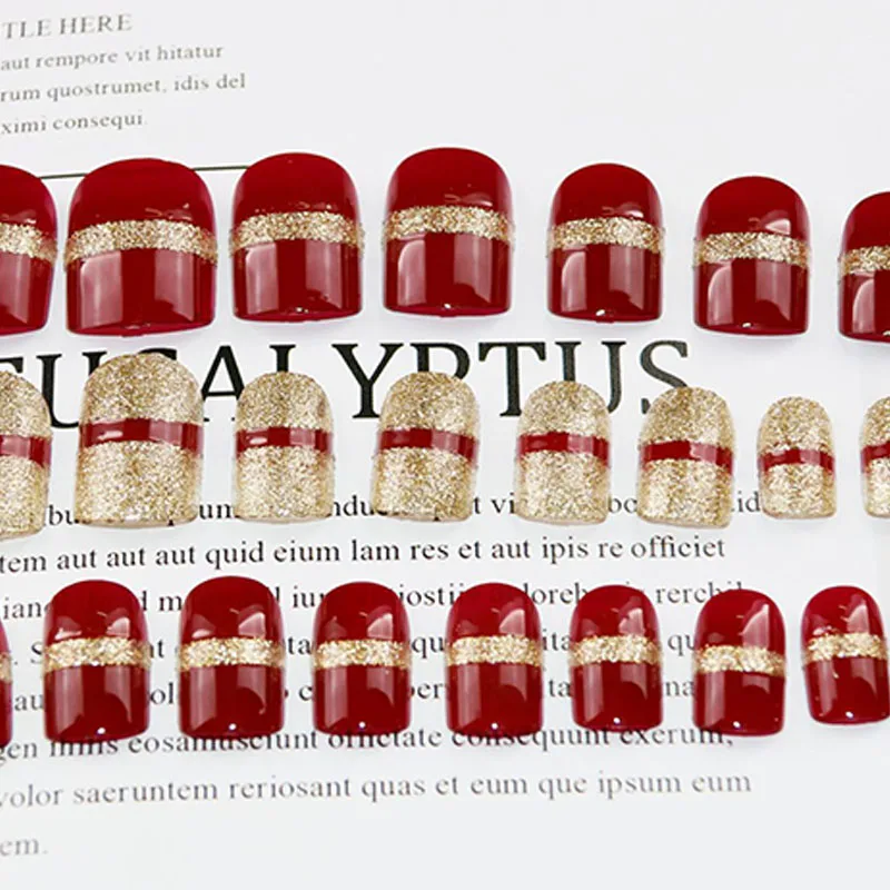 24 шт. короткий размер полное покрытие ногтей советы с клеем невесты свадебные винно-красные блестящие украшения накладные ногти Мода поддельные ногти