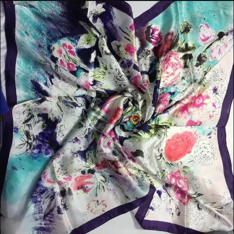  Real silk women summer square geometric print scarf