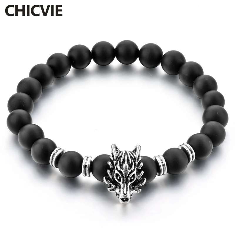 

CHICVIE New Black Wolf Head Men Natural Stone Charms Bracelets & Bangles Bead For Women Jewelry Making custom Bracelet SBR180076
