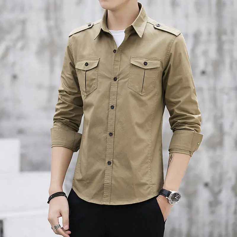 Man Shirt 2019 New Cotton Safari Style Fashion Solid High Quality Comfortable Long Sleeved Shirt Shoulder Strap Men Dress Shirts Man Shirt 2019 New Cotton Safari Style Fashion Solid High Quality Comfortable Long Sleeved Shirt Shoulder Strap Men Dress Shirts