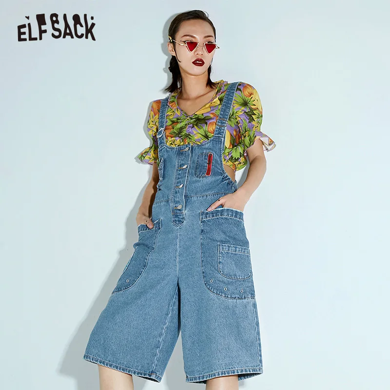 

ELF SACK Blue Casual Denim Women Playsuits 2019 Summer Straight Wide Leg Jumpsuits Fashion Streetwear Woman Clothing With Pocket