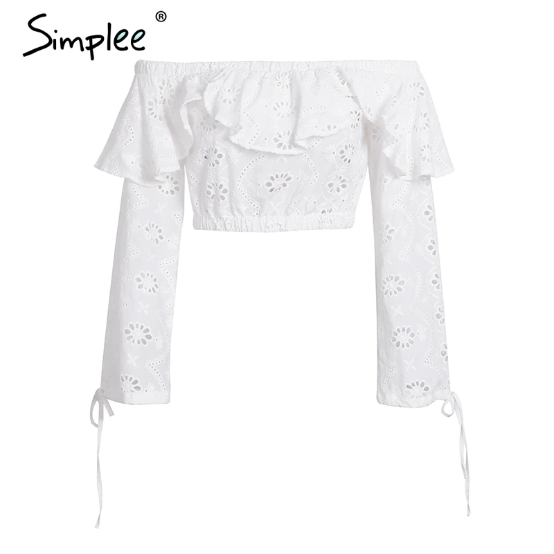 Женская белая полая рубашка Simplee, привлекательная блузка с открытыми плечами и оборками, укороченный топ с длинными рукавами и разрезом, уличная одежда на лето