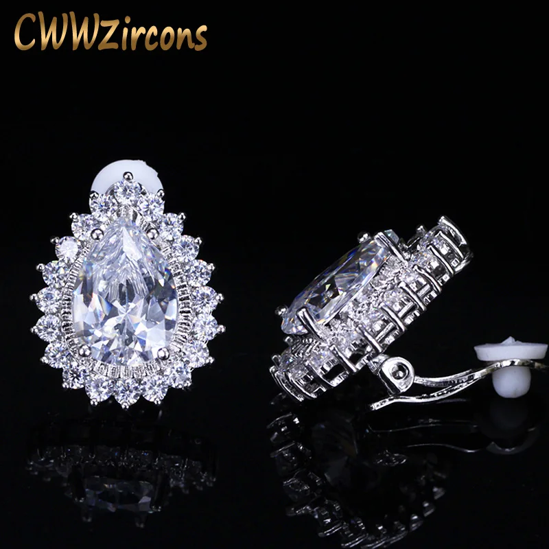 

CWWZircons Silicone Hold Gorgeous Big Teardrop Cubic Zirconia Stone No Pierced Ear Clip On Earrings For Women Gift CZ111