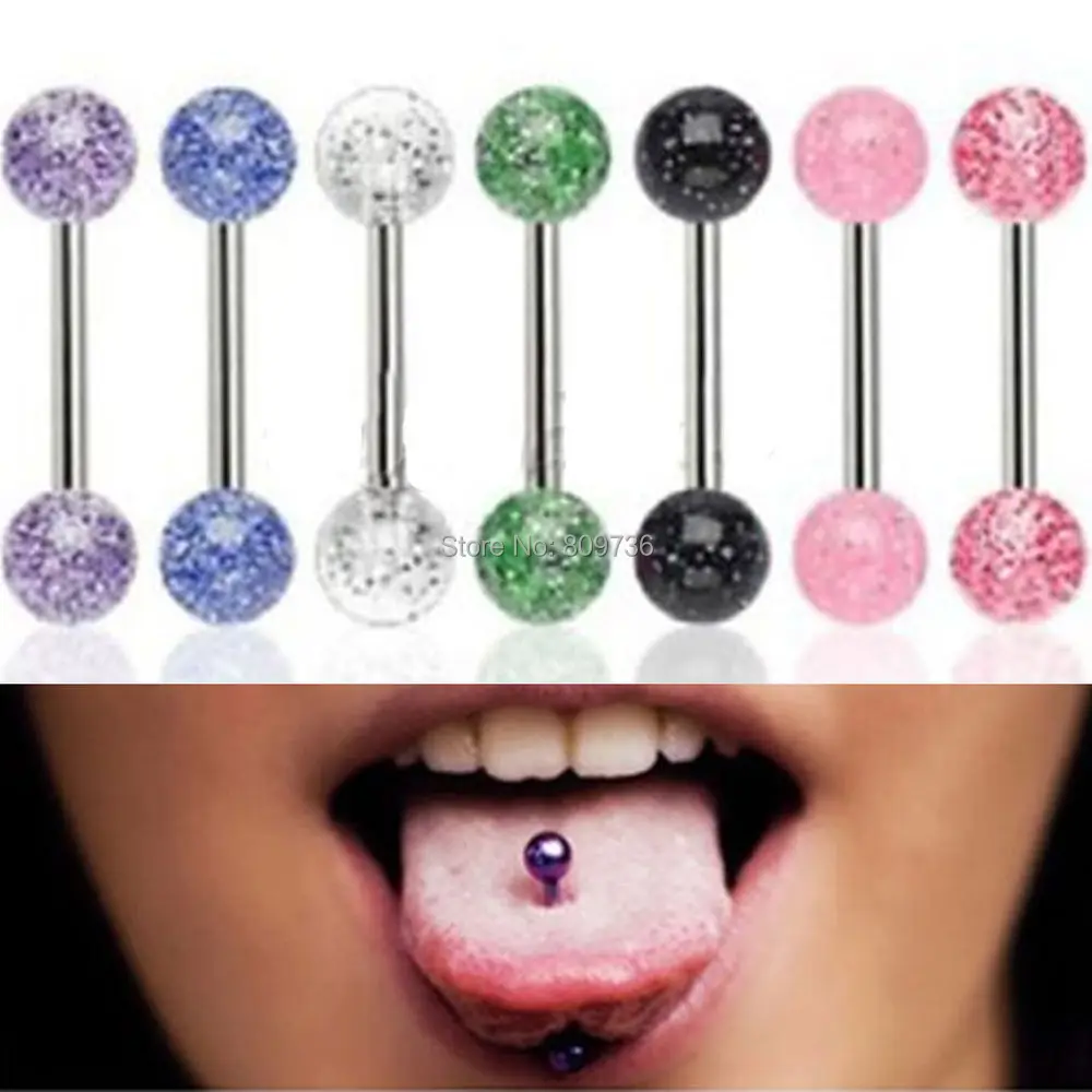 7pcs Glitter Tongue Nipple bars barbell Ring 316L Surgical Steel