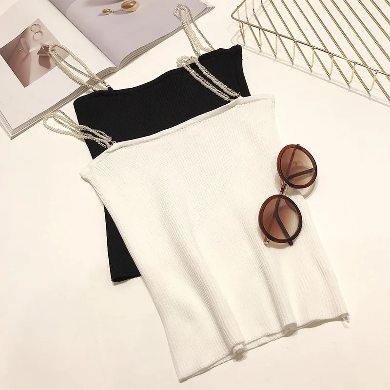 

Sexy Women Vest Pure Color Korean Camis Casual Simple Elegant Lady Tops Plus Size Roupas Femininas Short Pearl CZ Chain Sling