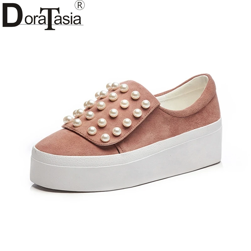 DoraTasia 2018 Genuine Leather Platform Flats Women Shoes Woman Slip On Black Platform Woman Shoes Size 34-39