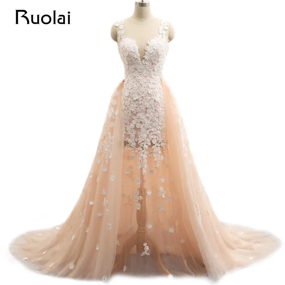 

Real Photo Wedding Dresses with Removable Train Mermaid Flower Wedding Gown Pink Bridal Dresses Vestido de Novia 2017 WS12