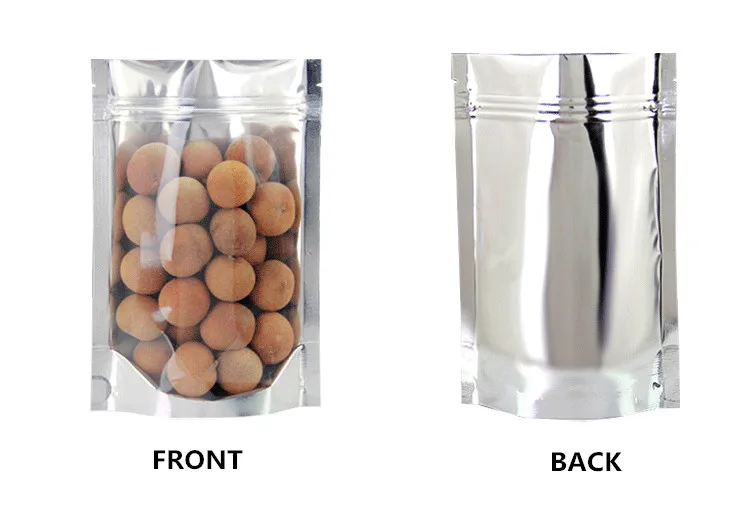 One Side Clear Silver Aluminum Foil Ziplock Packaging Bag Stand up Resealable Glossy Foil Plastic Heat Sealing Storage Pouches 4