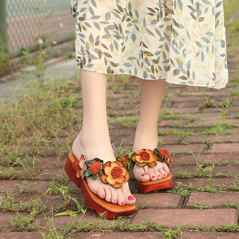 

2019 Flip Flops Beach Women Slippers Platform Sandals Women Hand Made Genuine Leather Slippers Casual Ladies Shoes Female Slides
