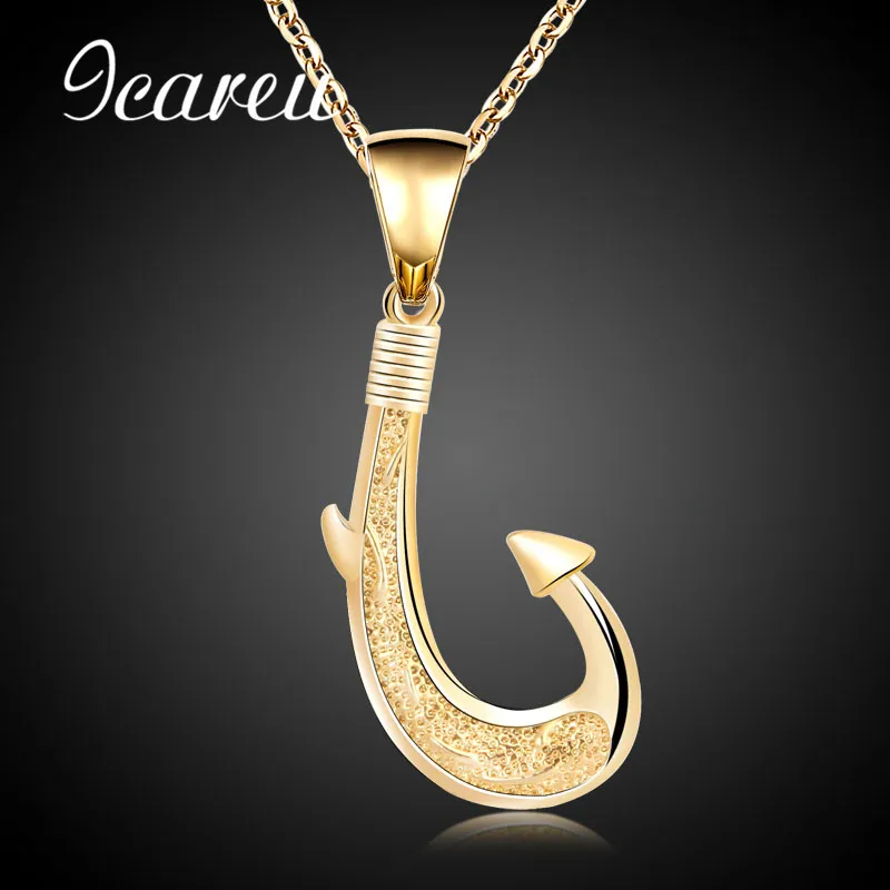 Entusiastas Da pesca Simples Colar de Peixe Gancho Gancho de Aço Inoxidável da Cor do Ouro Pingentes & Chain Para Homens/Mulheres Moda Jóias