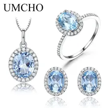 UMCHO, небесно-голубой топаз, ювелирные наборы с драгоценными камнями для женщин, 925 пробы, серебро, обещание, обручальные кольца, ожерелье, подвеска, серьги-гвоздики