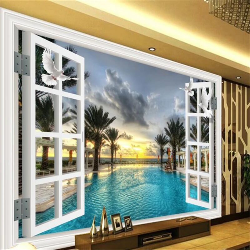 custom mural Swimming pool coconut tree window painting photo 3d wall murals wallpaper 3D wall papers home decor papel de parede
