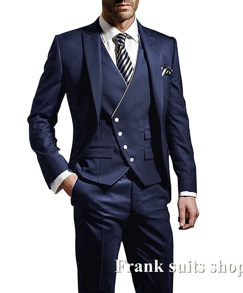 Navy Men Tuxedos Wedding Groom Suits 3 Piece Business Party Prom Formal Blazers