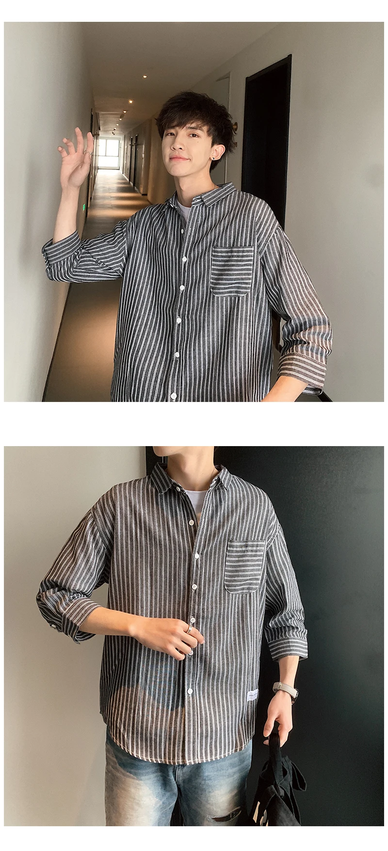 Short-sleeved shirt summer port wind stripe Korean version of the trend handsome sleeve men's loose Thin Chinese Style