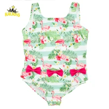 KAVKAS/купальники для девочек; детский цельный купальник; милый купальник с принтом фламинго и бантом; бикини для маленьких девочек; купальный костюм; летняя одежда для девочек