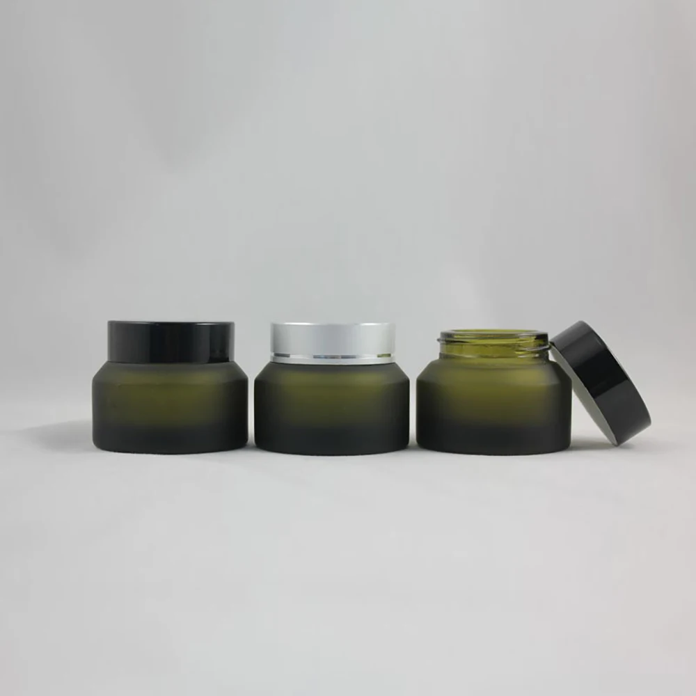 

30pcs wholesale 30g olive green frosted glass cream jar with black or silver aluminum cap, 30g glass cosmetic jar for eye cream