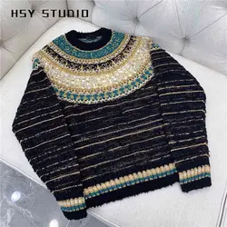 【HSY studo】 2019 Осень Новый Египетский стиль для женщин индивидуальные синие и золотые смешанные нити с длинным рукавом o-образным вырезом в